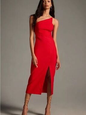 Anthropologie Red One-Shoulder Midi Dress with Front Slit